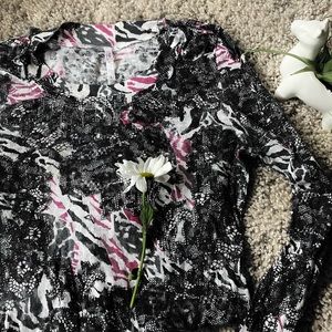 Unique retro multicolored long sleeve thermal with purple and black patt…